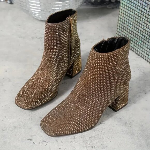 NWOT - Rhinestone Decor Chunky Heel Short Boots in Brown/Gold (Size 7) - Picture 3 of 14